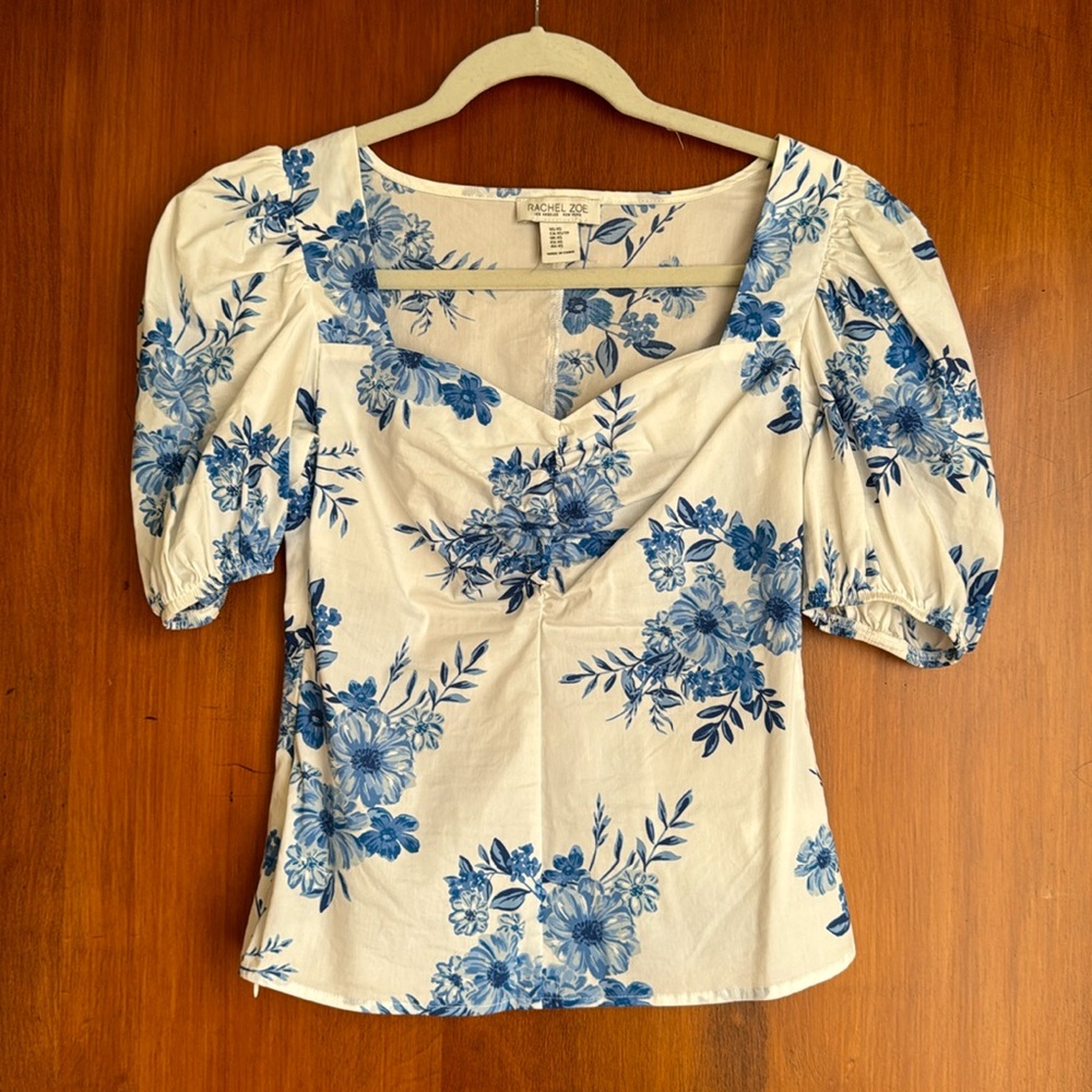 Rachel Zoe blue/white floral puff sleeve top - XS